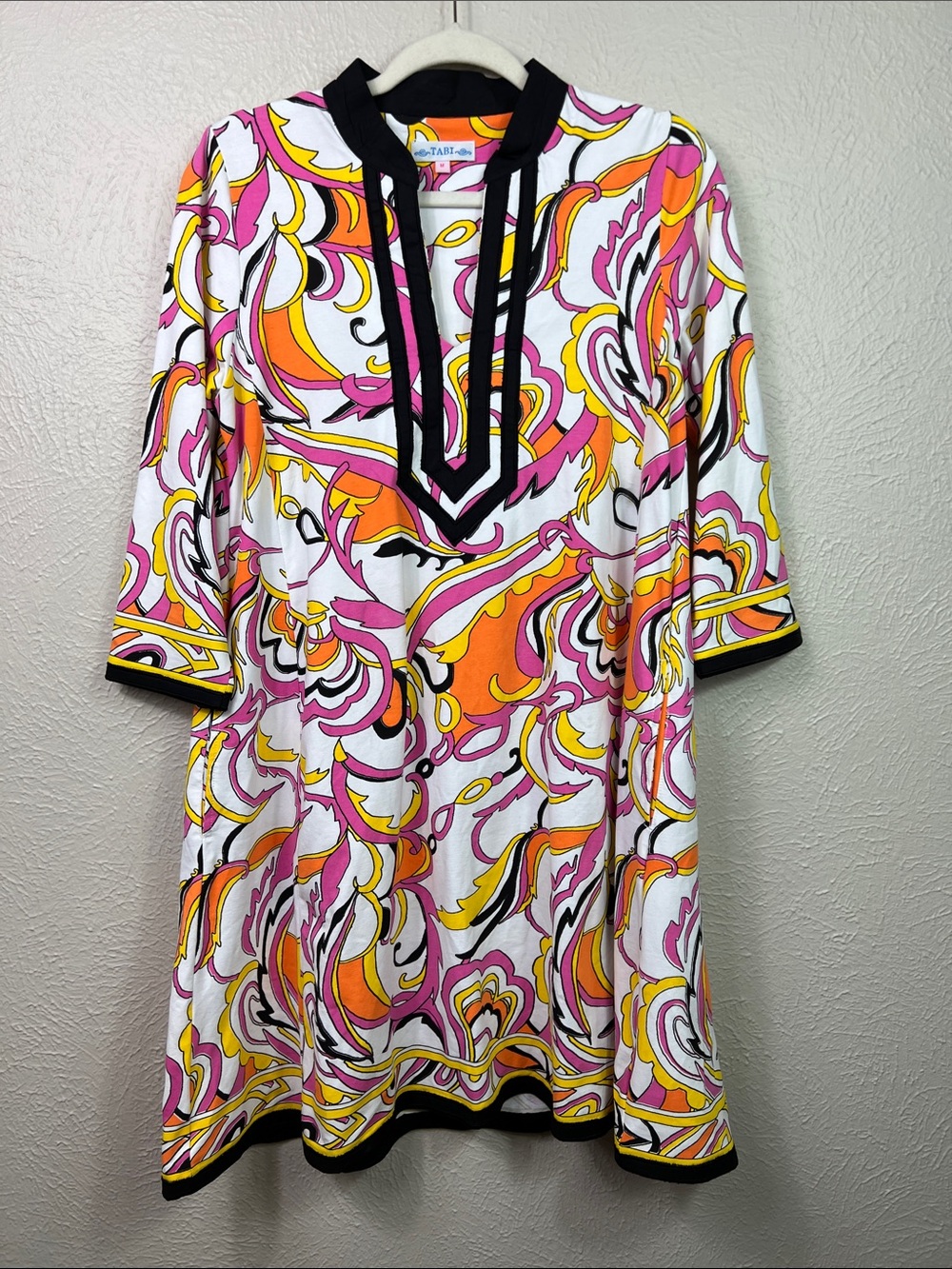 Tabi Allover Geometric Print 3/4 Sleeve Split Neck Colorful Mini Dress Medium